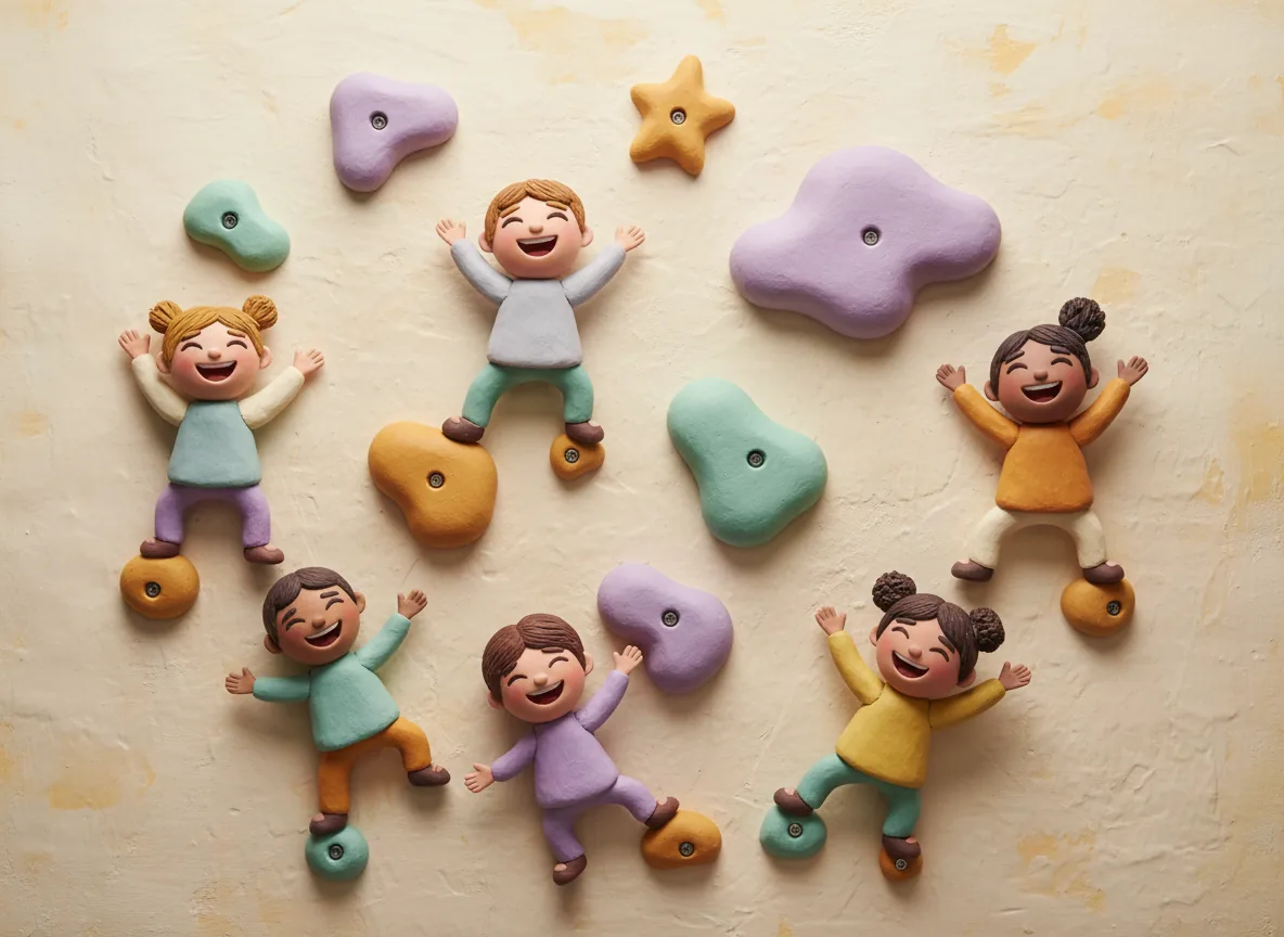 Children climbing on colourful bouldering wall