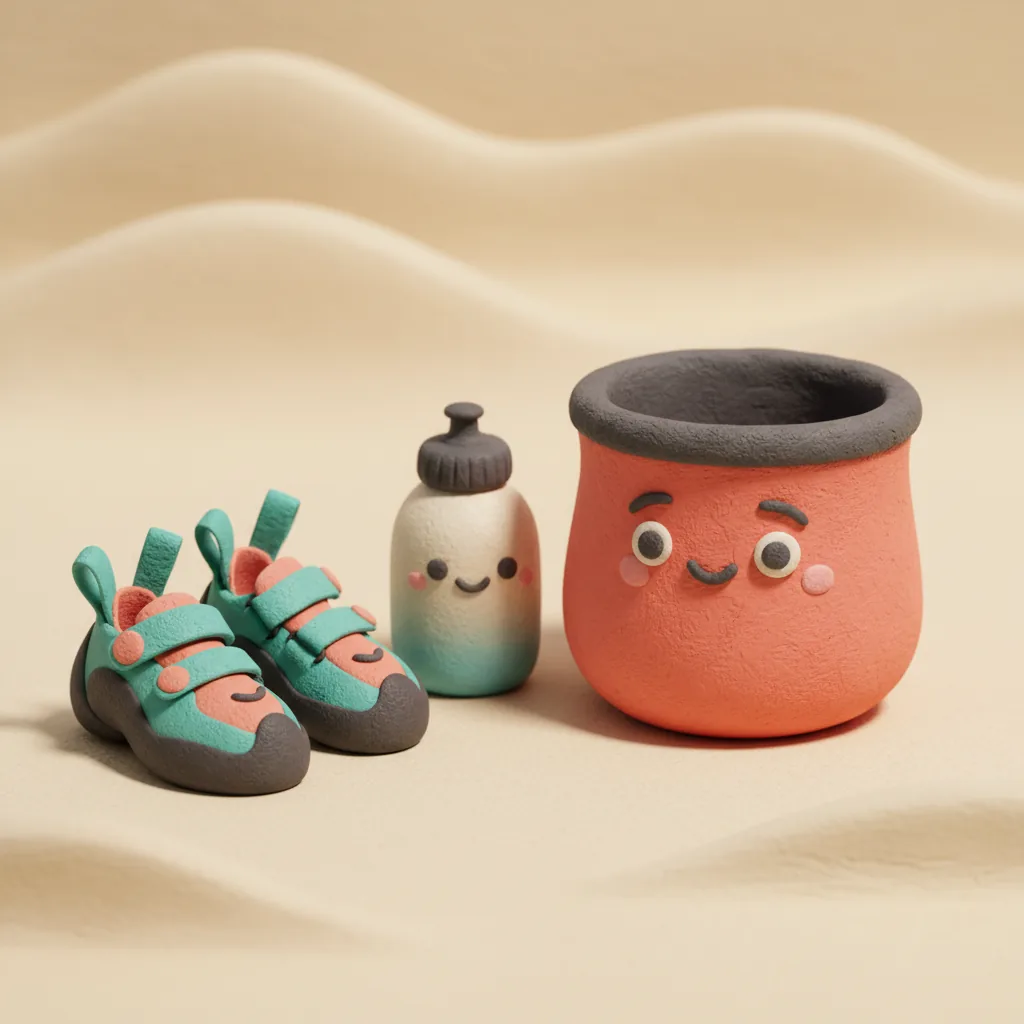 Climbing gear — chalk bag, shoes, and water bottle