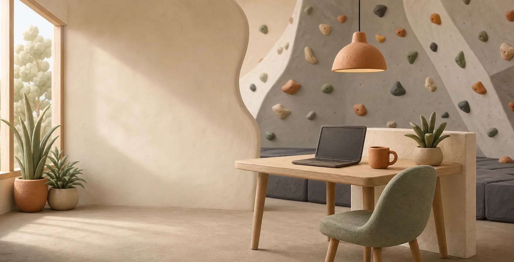 Clay-style coworking desk set beside a bouldering wall