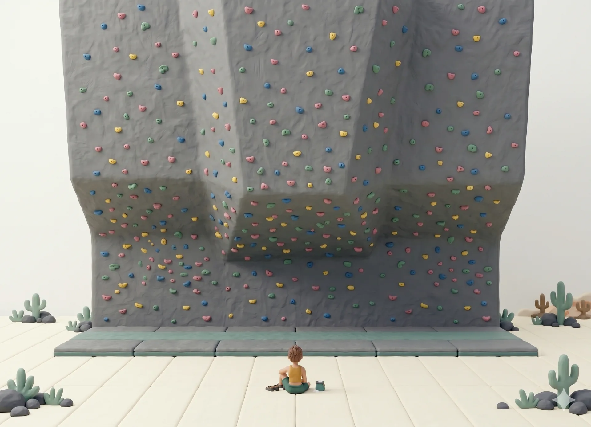 Clay-style bouldering wall with climber seated on mats
