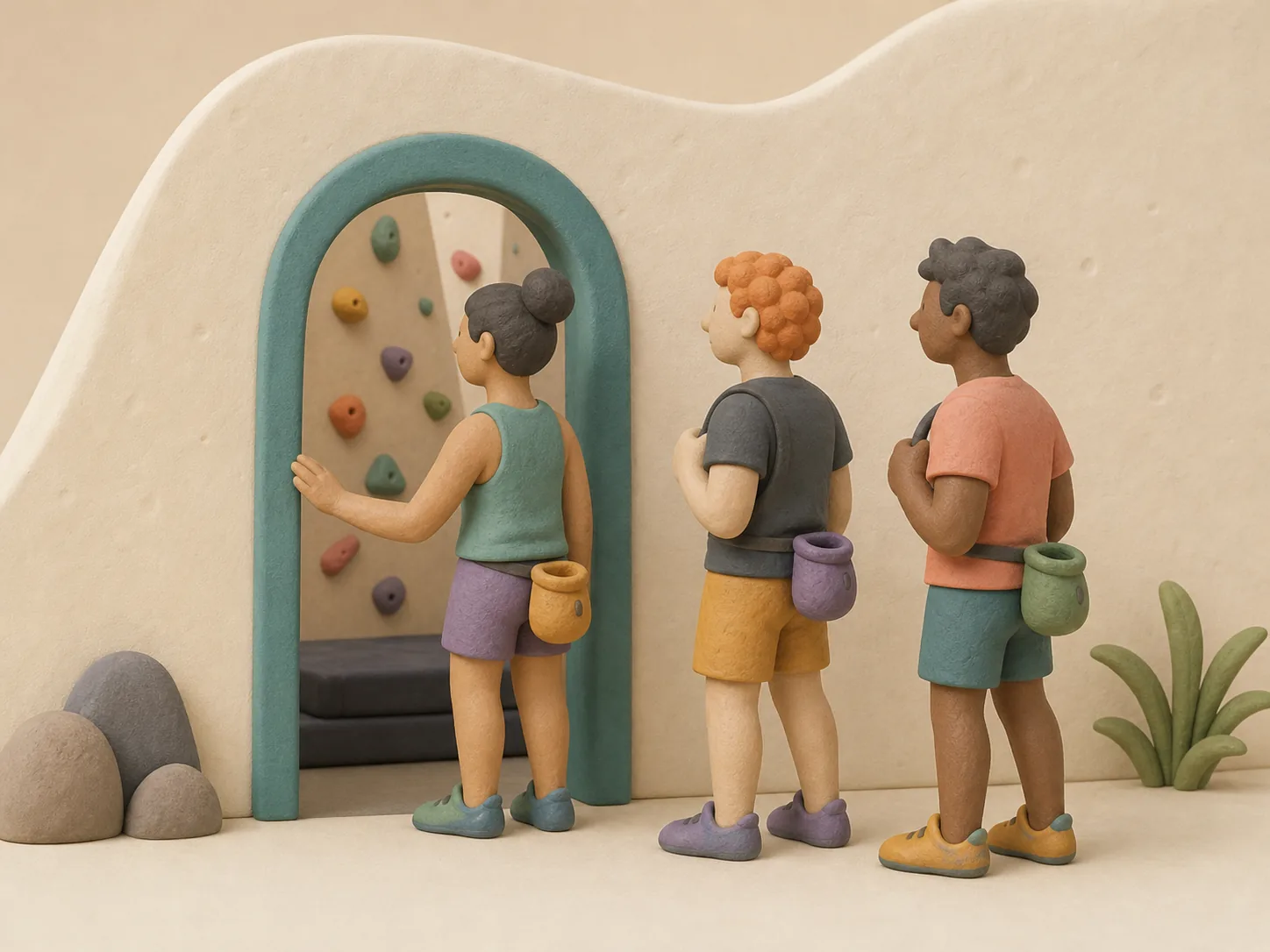 Soft clay illustration of climbers waiting to enter the gym