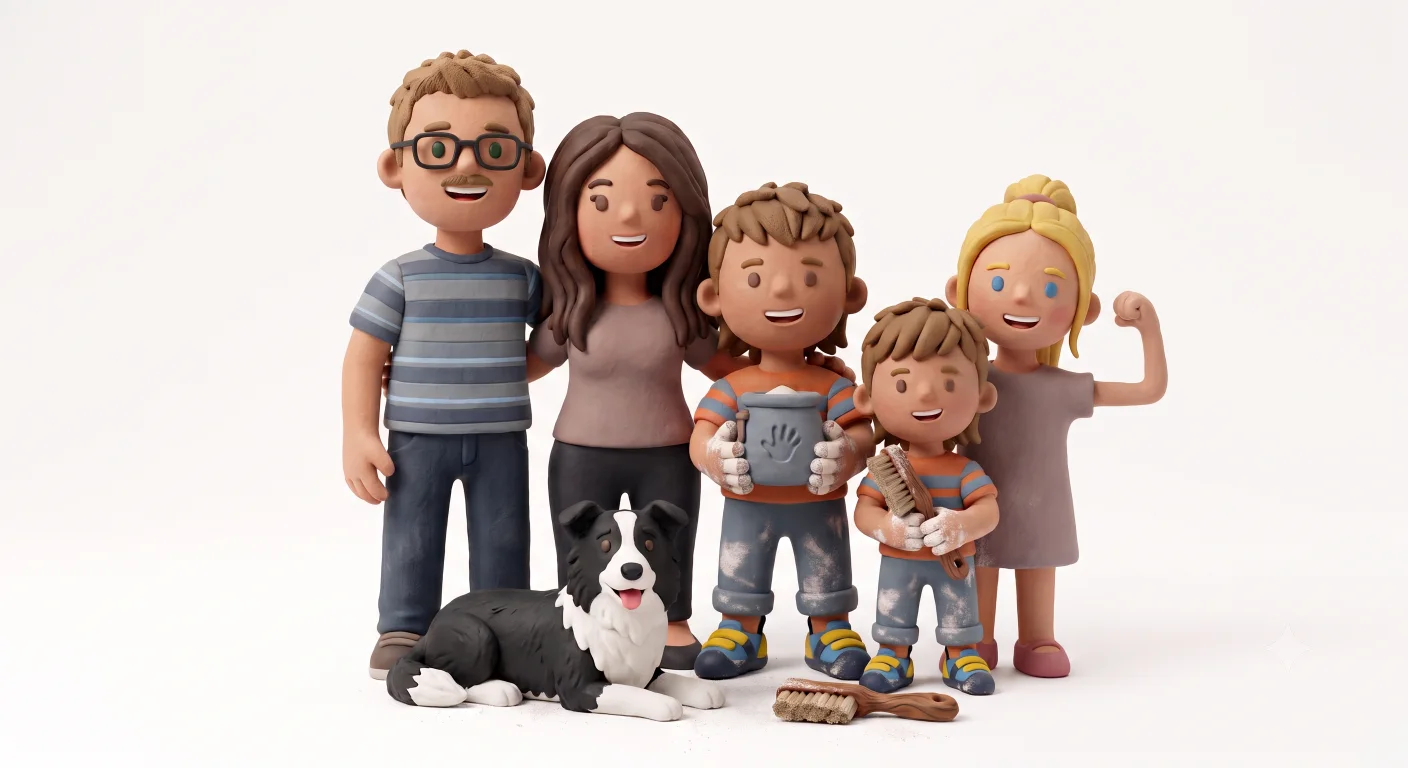 Clay-style illustration of the Stronghold family and their dog