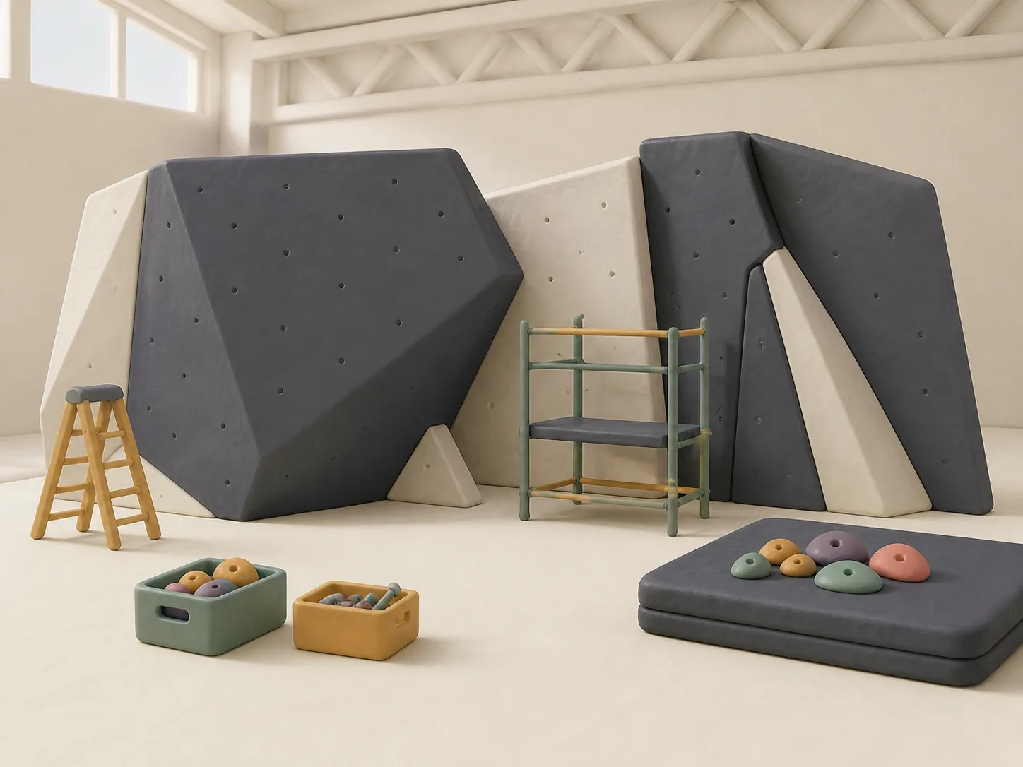 Soft clay illustration of a bouldering gym being constructed