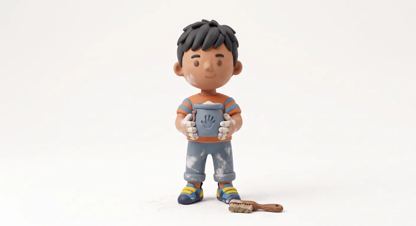 Clay-style illustration of a teen climber preparing with chalk